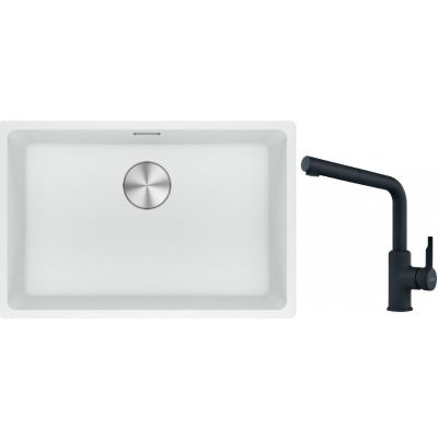 Franke Maris MRG 110-62 zlewozmywak 62x40 cm Fragranite biały polarny z baterią kuchenną Urban czarny mat (1250687259, 1150627523)