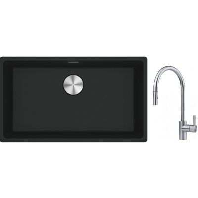 Franke Maris MRG 110-72 zlewozmywak 72x40 cm Fragranite czarny mat z baterią kuchenną Eos stal szlachetna (1250687260, 1150590045)