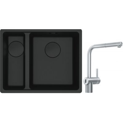 Franke Maris MRG 160-34-15SBL zlewozmywak 52x40 cm Fragranite czarny mat  z baterią kuchenną Atlas Neo Sensor stal szlachetna (1250697756, 1150625523)