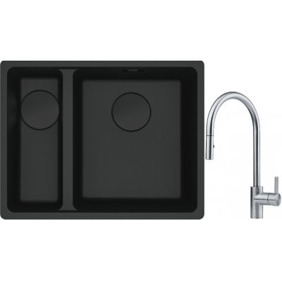 Franke Maris MRG 160-34-15SBL zlewozmywak 52x40 cm Fragranite czarny mat  z baterią kuchenną Eos stal szlachetna (1250697756, 1150590045)