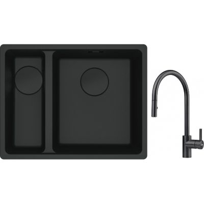 Franke Maris MRG 160-34-15SBL zlewozmywak 52x40 cm Fragranite czarny mat  z baterią kuchenną Eos czarna stal szlachetna (1250697756, 1150613671)
