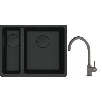 Franke Maris MRG 160-34-15SBL zlewozmywak 52x40 cm Fragranite czarny mat  z baterią kuchenną Lina kamienny szary (1250697756, 1150626022)