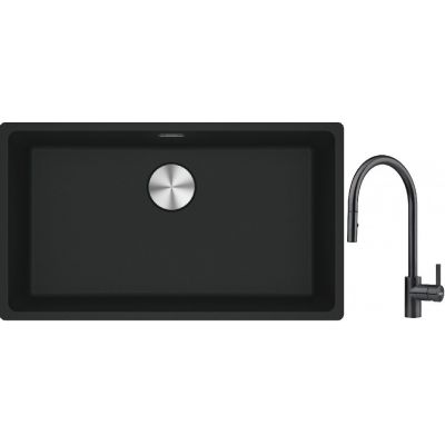 Franke Maris MRG 110-72 zlewozmywak 72x40 cm Fragranite czarny mat z baterią kuchenną Eos czarna stal szlachetna (1250687260, 1150613671)