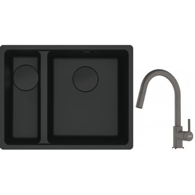 Franke Maris MRG 160-34-15SBL zlewozmywak 52x40 cm Fragranite czarny mat  z baterią kuchenną Lina kamienny szary (1250697756, 1150626057)