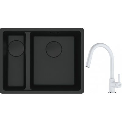 Franke Maris MRG 160-34-15SBL zlewozmywak 52x40 cm Fragranite czarny mat  z baterią kuchenną Lina biały polarny (1250697756, 1150626081)