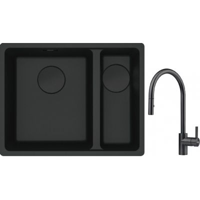 Franke Maris MRG 160-34-15SBR zlewozmywak 52x40 cm Fragranite czarny mat z baterią kuchenną Eos czarna stal szlachetna (1250697755, 1150613671)