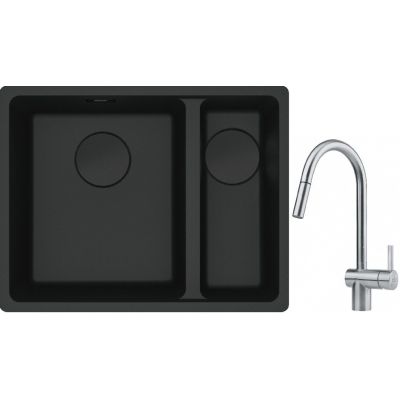Franke Maris MRG 160-34-15SBR zlewozmywak 52x40 cm Fragranite czarny mat z baterią kuchenną Leda Neo stal szlachetna (1250697755, 1150590047)