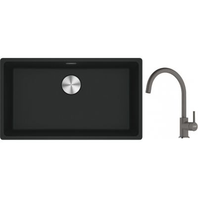 Franke Maris MRG 110-72 zlewozmywak 72x40 cm Fragranite czarny mat z baterią kuchenną Lina kamienny szary (1250687260, 1150626022)