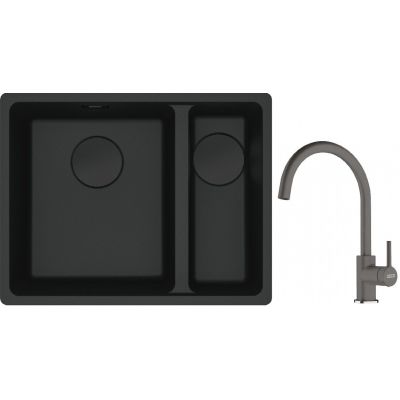 Franke Maris MRG 160-34-15SBR zlewozmywak 52x40 cm Fragranite czarny mat z baterią kuchenną Lina kamienny szary (1250697755, 1150626022)