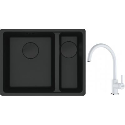 Franke Maris MRG 160-34-15SBR zlewozmywak 52x40 cm Fragranite czarny mat z baterią kuchenną Lina biały polarny (1250697755, 1150626024)