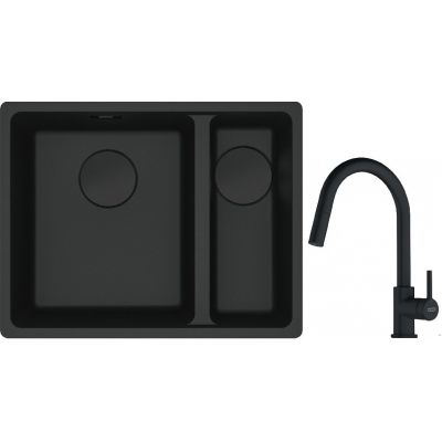Franke Maris MRG 160-34-15SBR zlewozmywak 52x40 cm Fragranite czarny mat z baterią kuchenną Lina czarny mat (1250697755, 1150626053)
