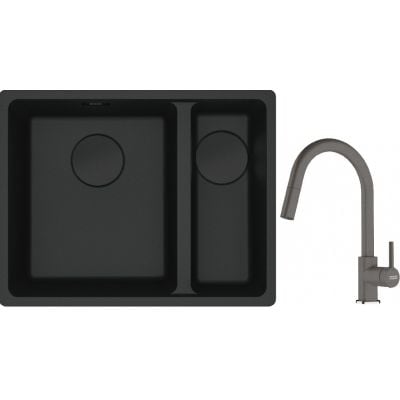 Franke Maris MRG 160-34-15SBR zlewozmywak 52x40 cm Fragranite czarny mat z baterią kuchenną Lina kamienny szary (1250697755, 1150626057)