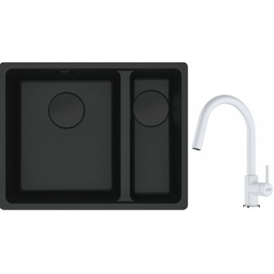 Franke Maris MRG 160-34-15SBR zlewozmywak 52x40 cm Fragranite czarny mat z baterią kuchenną Lina biały polarny (1250697755, 1150626081)