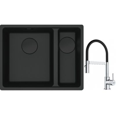 Franke Maris MRG 160-34-15SBR zlewozmywak 52x40 cm Fragranite czarny mat z baterią kuchenną Lina chrom/czarny (1250697755, 1150626085)