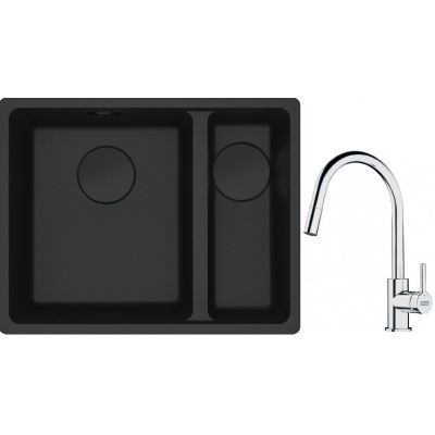 Franke Maris MRG 160-34-15SBR zlewozmywak 52x40 cm Fragranite czarny mat z baterią kuchenną Lina chrom (1250697755, 1150693229)
