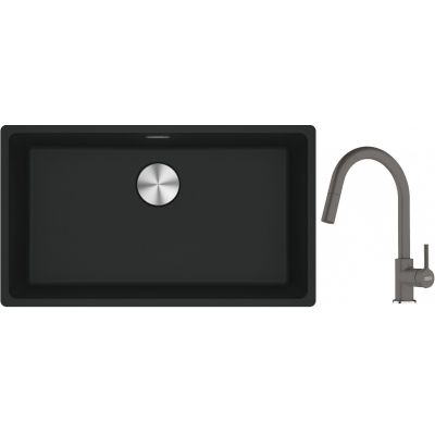 Franke Maris MRG 110-72 zlewozmywak 72x40 cm Fragranite czarny mat z baterią kuchenną Lina kamienny szary (1250687260, 1150626057)