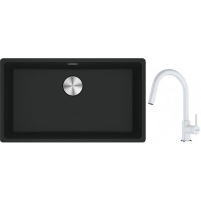 Franke Maris MRG 110-72 zlewozmywak 72x40 cm Fragranite czarny mat z baterią kuchenną Lina biały polarny (1250687260, 1150626081)