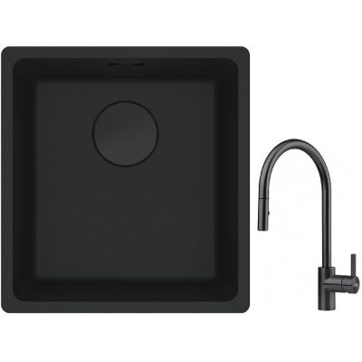 Franke Maris MRG 110-37 zlewozmywak 40x37 cm Fragranit + czarny mat z baterią kuchenną Eos czarna stal szlachetna (1250697760, 1150613671)