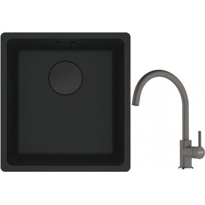 Franke Maris MRG 110-37 zlewozmywak 40x37 cm Fragranit + czarny mat z baterią kuchenną Lina kamienny szary (1250697760, 1150626022)