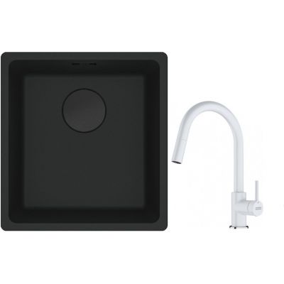 Franke Maris MRG 110-37 zlewozmywak 40x37 cm Fragranit + czarny mat z baterią kuchenną Lina biały polarny (1250697760, 1150626081)