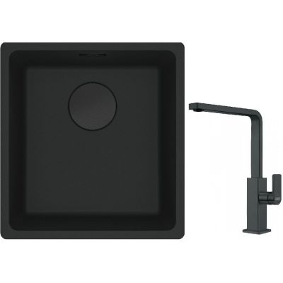 Franke Maris MRG 110-37 zlewozmywak 40x37 cm Fragranit + czarny mat z baterią kuchenną Mythos czarna stal szlachetna (1250697760, 1150550441)