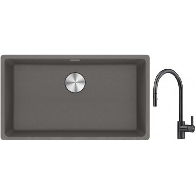 Franke Maris MRG 110-72 zlewozmywak 72x40 cm Fragranite kamienny szary z baterią kuchenną Eos czarna stal szlachetna (1250687262, 1150613671)