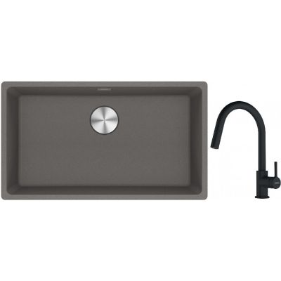 Franke Maris MRG 110-72 zlewozmywak 72x40 cm Fragranite kamienny szary z baterią kuchenną Lina czarny mat (1250687262, 1150626053)