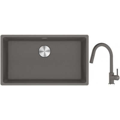 Franke Maris MRG 110-72 zlewozmywak 72x40 cm Fragranite kamienny szary z baterią kuchenną Lina kamienny szary (1250687262, 1150626057)