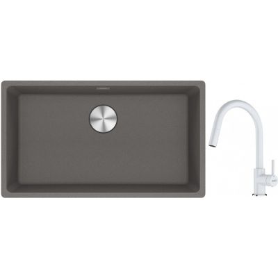 Franke Maris MRG 110-72 zlewozmywak 72x40 cm Fragranite kamienny szary z baterią kuchenną Lina biały polarny (1250687262, 1150626081)