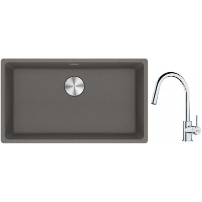 Franke Maris MRG 110-72 zlewozmywak 72x40 cm Fragranite kamienny szary z baterią kuchenną Lina chrom (1250687262, 1150693229)