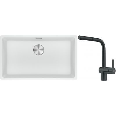 Franke Maris MRG 110-72 zlewozmywak 72x40 cm Fragranite biały polarny z baterią kuchenną Atlas czarna stal szlachetna (1250687263, 1150550427)