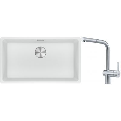 Franke Maris MRG 110-72 zlewozmywak 72x40 cm Fragranite biały polarny z baterią kuchenną Atlas stal szlachetna (1250687263, 1150521439)