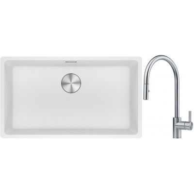 Franke Maris MRG 110-72 zlewozmywak 72x40 cm Fragranite biały polarny z baterią kuchenną Eos stal szlachetna (1250687263, 1150590045)