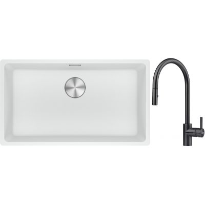 Franke Maris MRG 110-72 zlewozmywak 72x40 cm Fragranite biały polarny z baterią kuchenną Eos czarna stal szlachetna (1250687263, 1150613671)