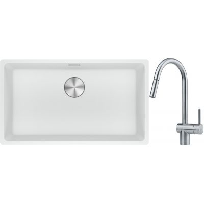 Franke Maris MRG 110-72 zlewozmywak 72x40 cm Fragranite biały polarny z baterią kuchenną Leda Neo stal szlachetna (1250687263, 1150590047)