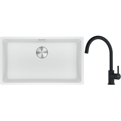 Franke Maris MRG 110-72 zlewozmywak 72x40 cm Fragranite biały polarny z baterią kuchenną Lina czarny mat (1250687263, 1150626019)