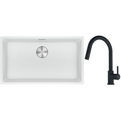 Franke Maris MRG 110-72 zlewozmywak 72x40 cm Fragranite biały polarny z baterią kuchenną Lina czarny mat (1250687263, 1150626053)