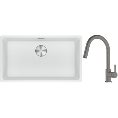 Franke Maris MRG 110-72 zlewozmywak 72x40 cm Fragranite biały polarny z baterią kuchenną Lina kamienny szary (1250687263, 1150626057)