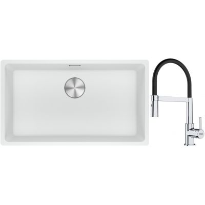 Franke Maris MRG 110-72 zlewozmywak 72x40 cm Fragranite biały polarny z baterią kuchenną Lina chrom/czarny (1250687263, 1150626085)
