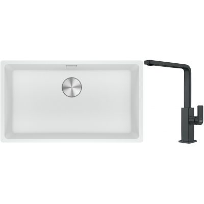 Franke Maris MRG 110-72 zlewozmywak 72x40 cm Fragranite biały polarny z baterią kuchenną Mythos czarna stal szlachetna (1250687263, 1150550441)