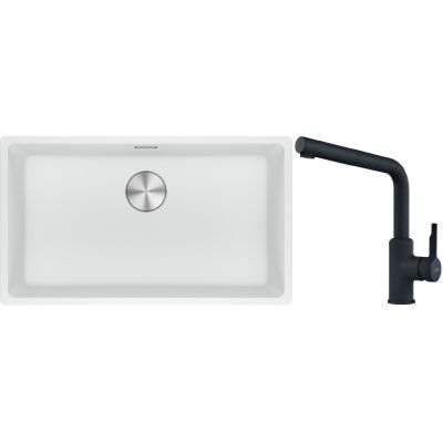 Franke Maris MRG 110-72 zlewozmywak 72x40 cm Fragranite biały polarny z baterią kuchenną Urban czarny mat (1250687263, 1150627523)