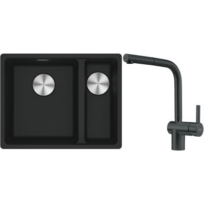 Franke Maris MRG 160-34-15SBR zlewozmywak 52x40 cm Fragranite czarny mat z baterią kuchenną Atlas czarna stal szlachetna (1250687264, 1150550427)