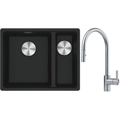 Franke Maris MRG 160-34-15SBR zlewozmywak 52x40 cm Fragranite czarny mat z baterią kuchenną Eos stal szlachetna (1250687264, 1150590045)