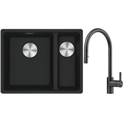 Franke Maris MRG 160-34-15SBR zlewozmywak 52x40 cm Fragranite czarny mat z baterią kuchenną Eos czarna stal szlachetna (1250687264, 1150613671)
