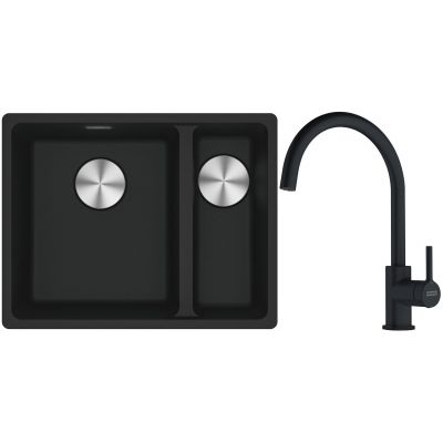 Franke Maris MRG 160-34-15SBR zlewozmywak 52x40 cm Fragranite czarny mat z baterią kuchenną Lina czarny mat (1250687264, 1150626019)