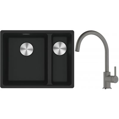Franke Maris MRG 160-34-15SBR zlewozmywak 52x40 cm Fragranite czarny mat z baterią kuchenną Lina kamienny szary (1250687264, 1150626022)