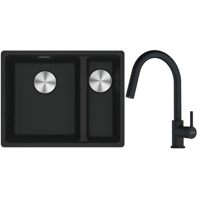 Franke Maris MRG 160-34-15SBR zlewozmywak 52x40 cm Fragranite czarny mat z baterią kuchenną Lina czarny mat (1250687264, 1150626053)