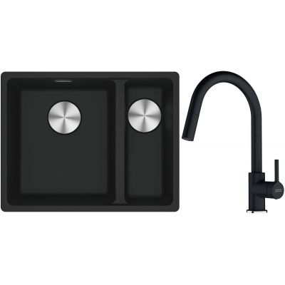 Franke Maris MRG 160-34-15SBR zlewozmywak 52x40 cm Fragranite czarny mat z baterią kuchenną Lina onyx (1250687264, 1150626055)