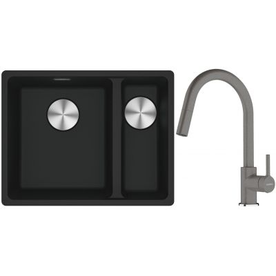 Franke Maris MRG 160-34-15SBR zlewozmywak 52x40 cm Fragranite czarny mat z baterią kuchenną Lina kamienny szary (1250687264, 1150626057)