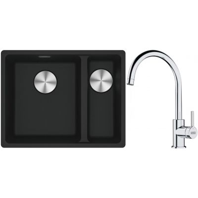 Franke Maris MRG 160-34-15SBR zlewozmywak 52x40 cm Fragranite czarny mat z baterią kuchenną Lina chrom (1250687264, 1150693228)